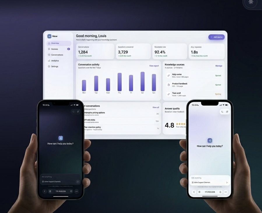 Dashboard Mew AI Knowledge Assistant cùng chatbot giao diện sáng và tối